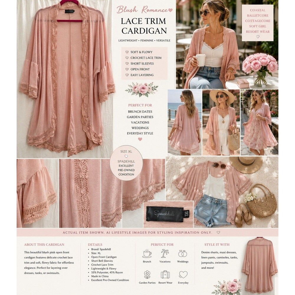 EUC Spadehill Blush Lace Trim Open Front Cardigan XL Balletcore Boho Resort Soft